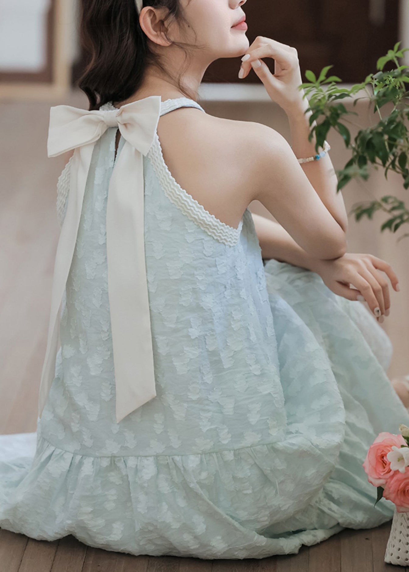 Elegant Sky Blue Pearl Bow Cotton Dresses Sleeveless XX043