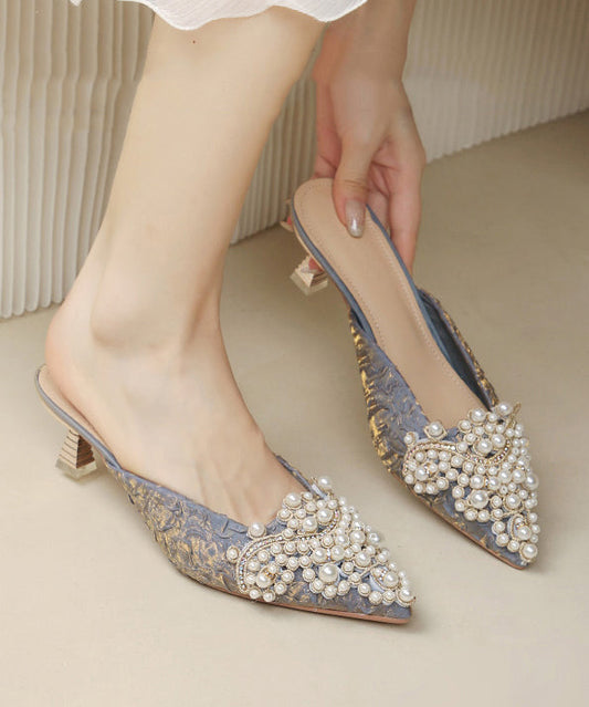 Elegant Pointed Slide Heel Bead Blue Splicing Sandals Nail High