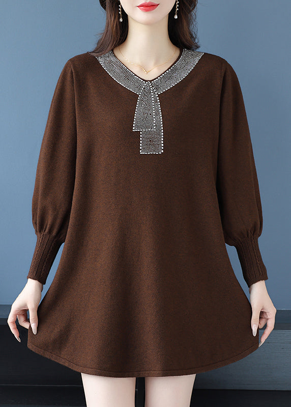 Elegant Tea Green V Neck Zircon Woolen Sweater Dress Winter RL017