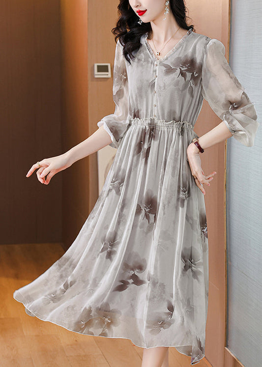 Elegant V Neck Print Ruffled Silk Chiffon Dresses Lantern Sleeve BB006