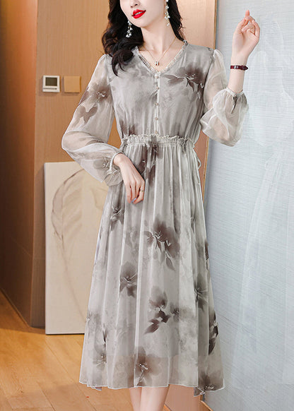 Elegant V Neck Print Ruffled Silk Chiffon Dresses Lantern Sleeve BB006