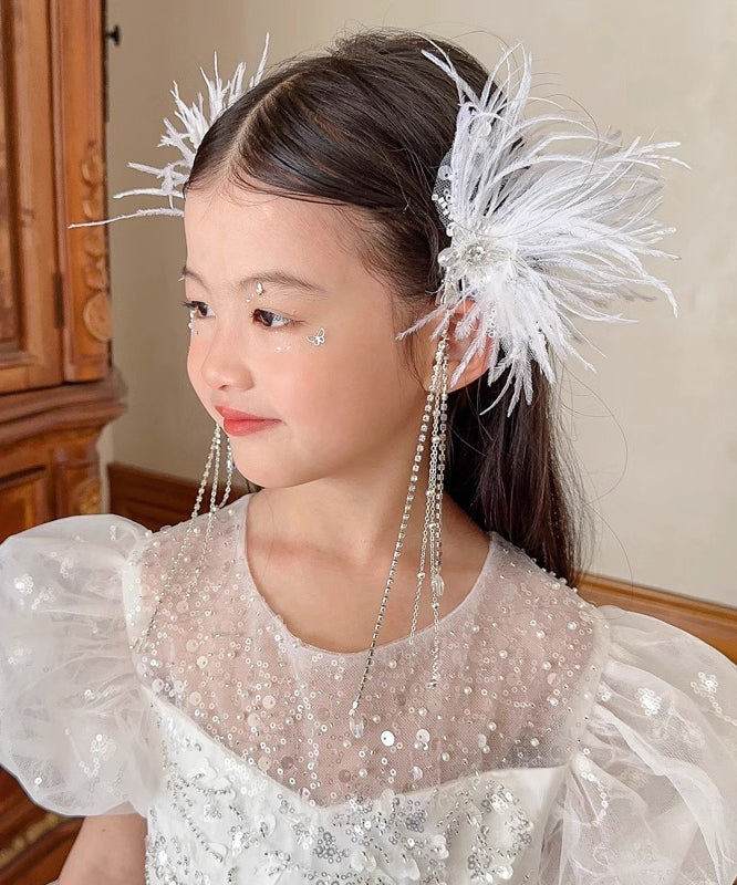 Elegant White Alloy Feather Pearl Sequins Tassel Girls Hairpin YG027