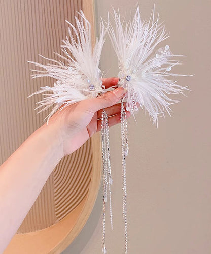 Elegant White Alloy Feather Pearl Sequins Tassel Girls Hairpin YG027