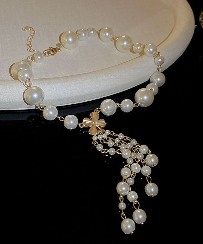 Tassel White Elegant Pendant Necklace Alloy Pearl Floral