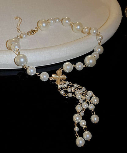 Tassel White Elegant Pendant Necklace Alloy Pearl Floral