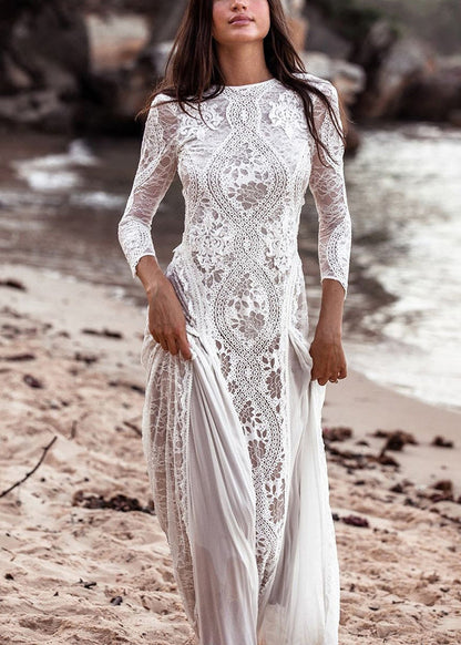 Lace White Dresses Spring Backless Elegant Maxi Out Hollow