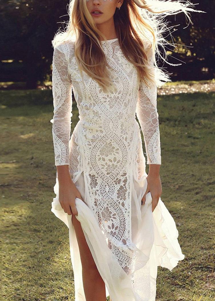 Lace White Dresses Spring Backless Elegant Maxi Out Hollow