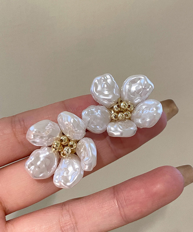 Pearl Earrings White Alloy Floral Copper Stud Elegant
