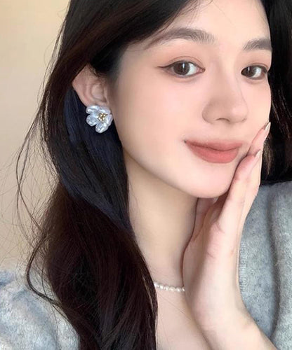 Pearl Earrings White Alloy Floral Copper Stud Elegant