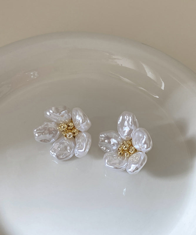 Pearl Earrings White Alloy Floral Copper Stud Elegant