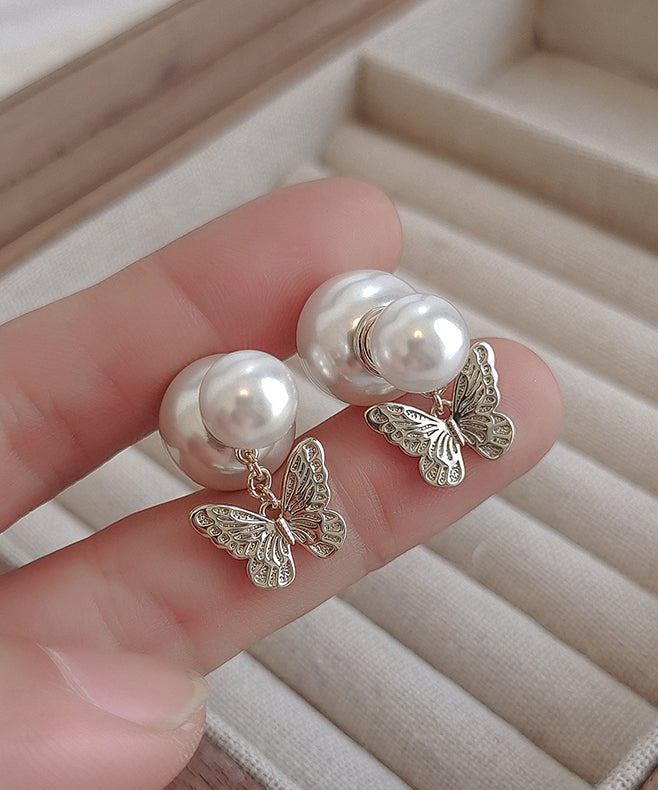 Elegant White Copper Butterfly Pearl Stud Earrings ZZ050