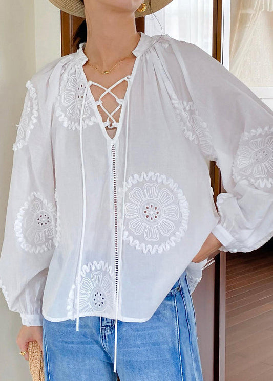 Up Elegant White Out Lace Cotton Embroidered Hollow Blouses