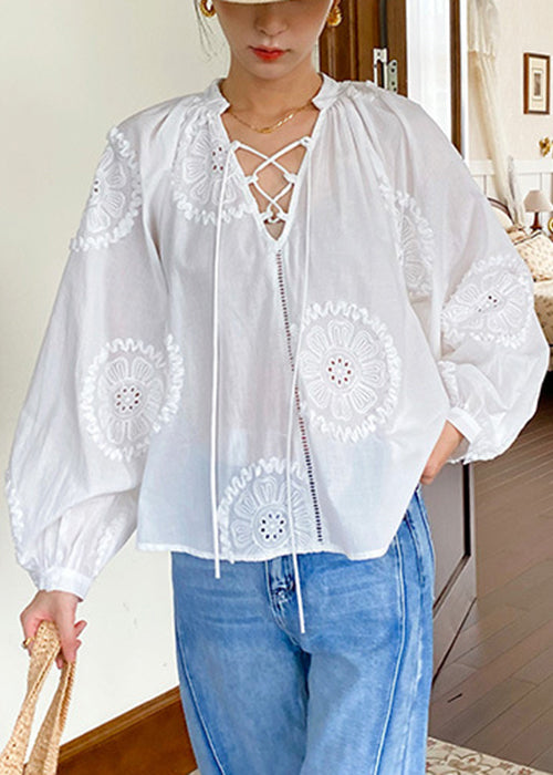 Up Elegant White Out Lace Cotton Embroidered Hollow Blouses