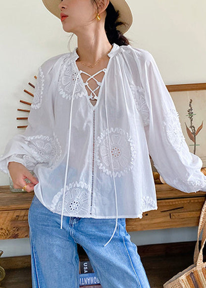 Up Elegant White Out Lace Cotton Embroidered Hollow Blouses