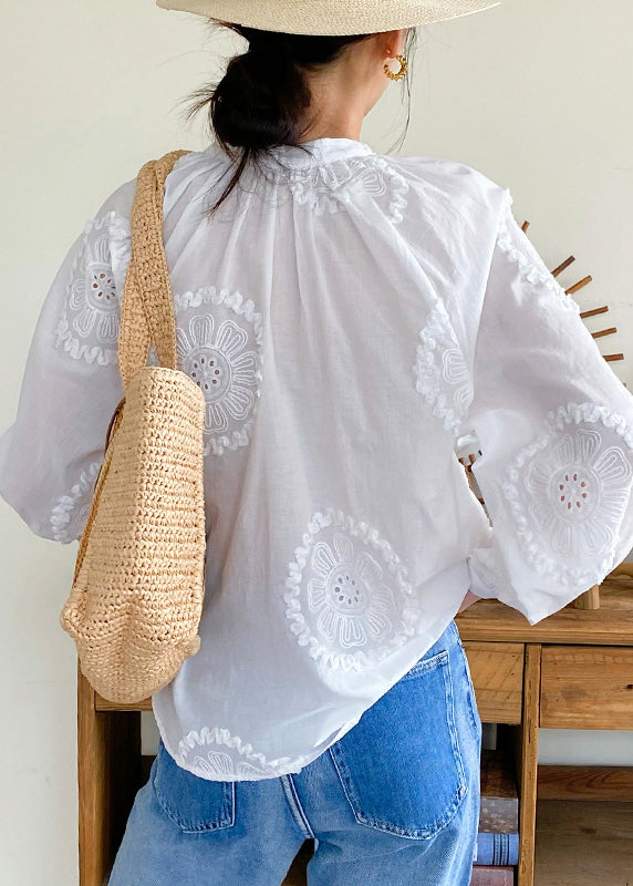 Up Elegant White Out Lace Cotton Embroidered Hollow Blouses