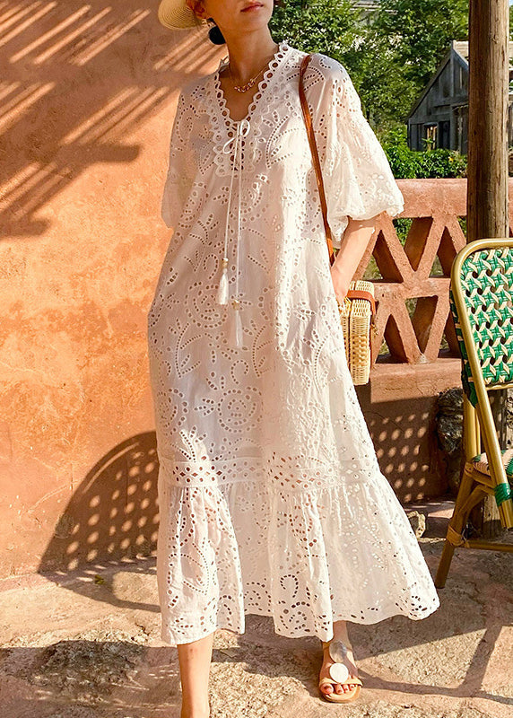 Dress Long Elegant Embroidered Cotton Out Hollow Pockets White