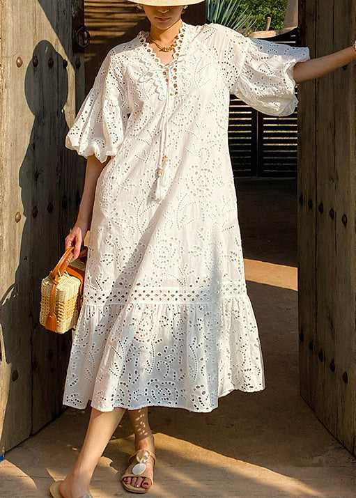 Dress Long Elegant Embroidered Cotton Out Hollow Pockets White
