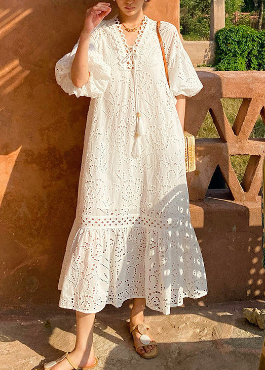 Dress Long Elegant Embroidered Cotton Out Hollow Pockets White