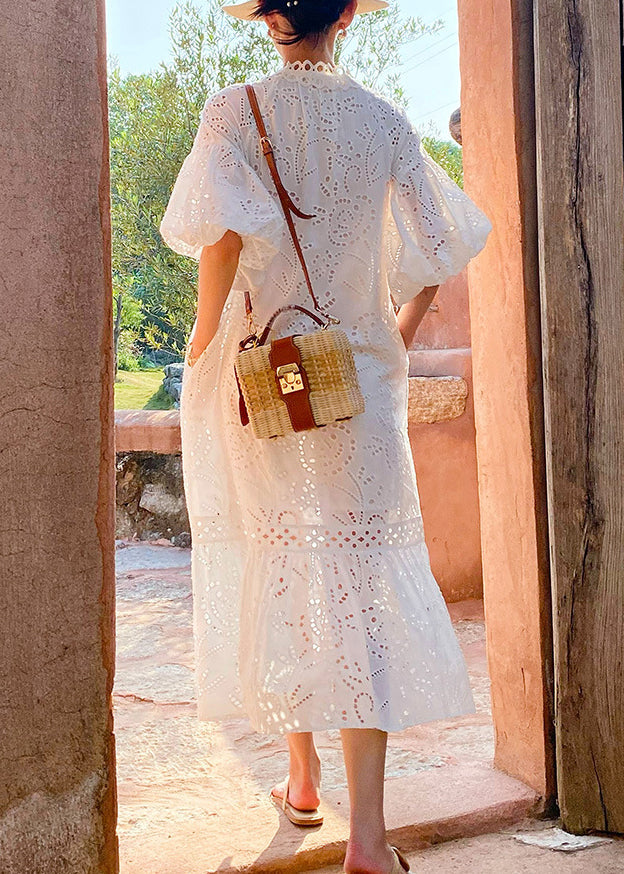 Dress Long Elegant Embroidered Cotton Out Hollow Pockets White