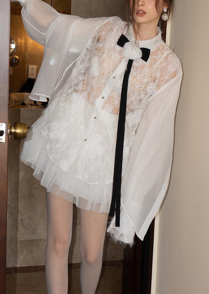 Shirts Tulle Skirts Embroidered And Pieces White Two Lace Elegant