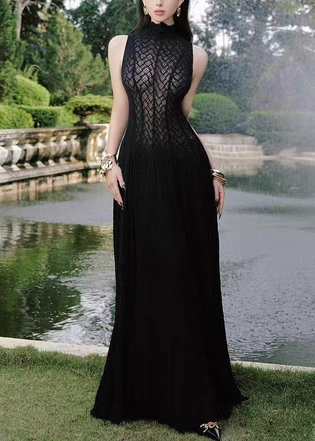 Lace Hollow Out Dress White Elegant Sleeveless Solid Maxi