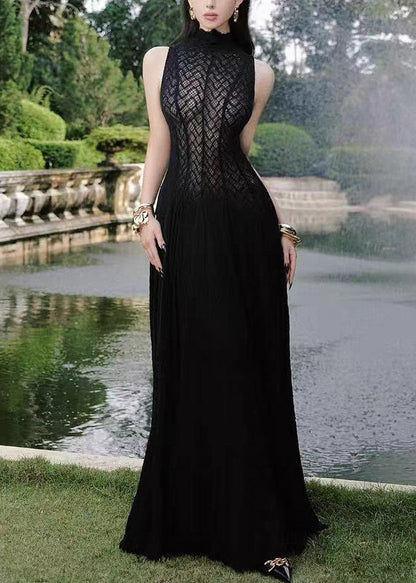 Lace Hollow Out Dress White Elegant Sleeveless Solid Maxi