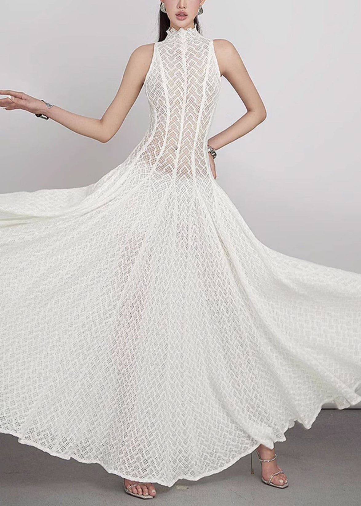 Lace Hollow Out Dress White Elegant Sleeveless Solid Maxi