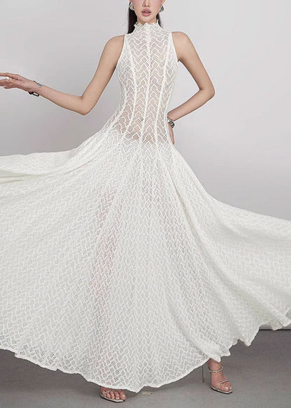 Lace Hollow Out Dress White Elegant Sleeveless Solid Maxi