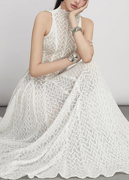 Lace Hollow Out Dress White Elegant Sleeveless Solid Maxi