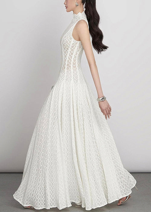 Lace Hollow Out Dress White Elegant Sleeveless Solid Maxi