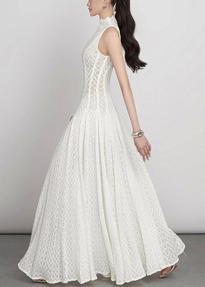 Lace Hollow Out Dress White Elegant Sleeveless Solid Maxi