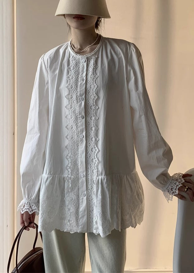 Cotton Button Lace Shirt White Elegant Fall