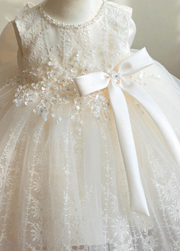 Elegant White Nail Bead Embroideried Tulle Girls Long Dress Sleeveless YS016