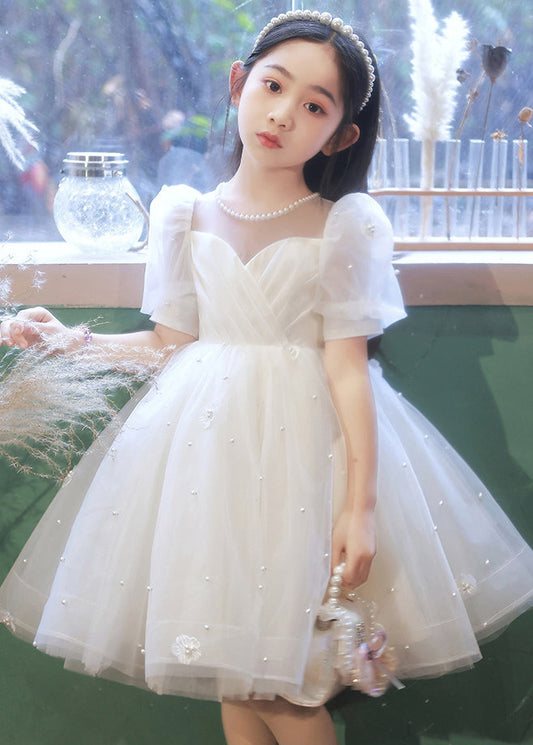 Robe longue d'été élégante en tulle floral avec perles blanches pour enfants QV013