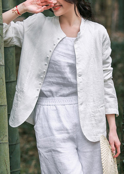 Elegant White O-Neck Button Coats Long Sleeve UU030