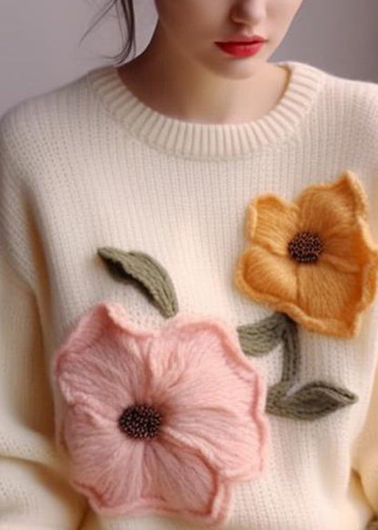 Elegant White O Neck Floral Knit Sweater Tops Fall WO030