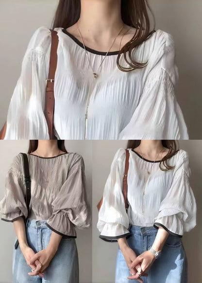 Elegant Oversized Tops Lantern Shirt White Sleeve Chiffon