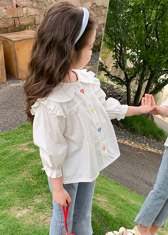 Chemise blanche élégante en coton à volants et boutons pour filles, manches évasées, YU1045