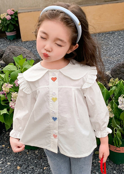 Chemise blanche élégante en coton à volants et boutons pour filles, manches évasées, YU1045