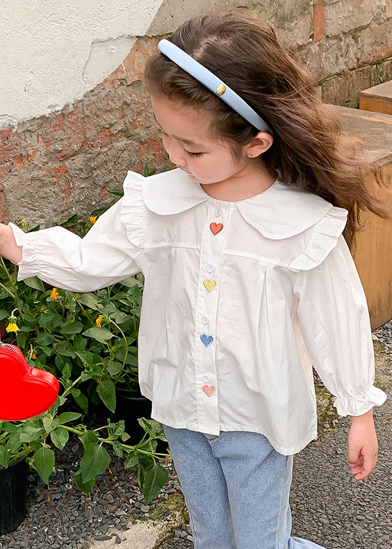 Chemise blanche élégante en coton à volants et boutons pour filles, manches évasées, YU1045