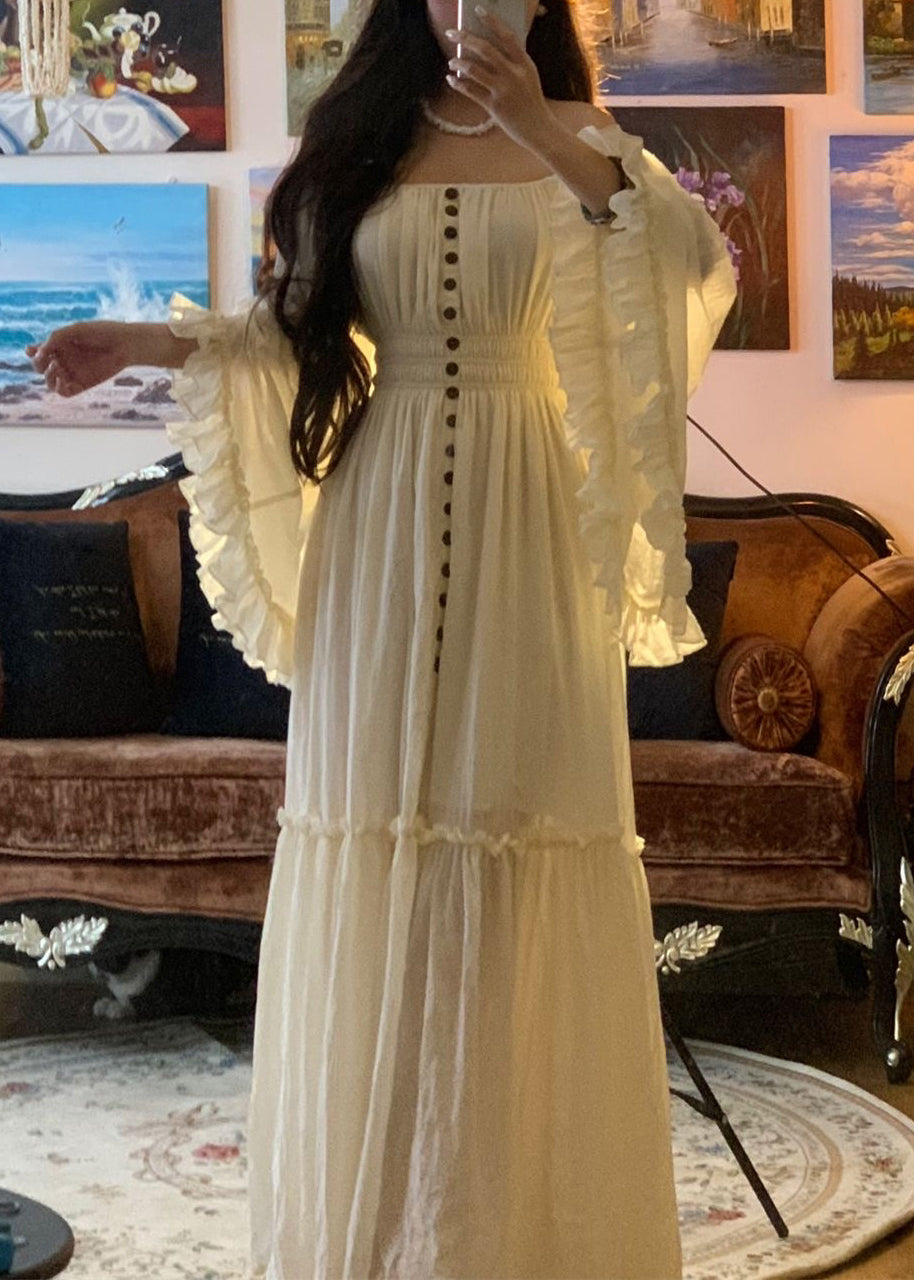 Maxi Sleeve White Elegant High Waist Cotton Dress Ruffled Flare