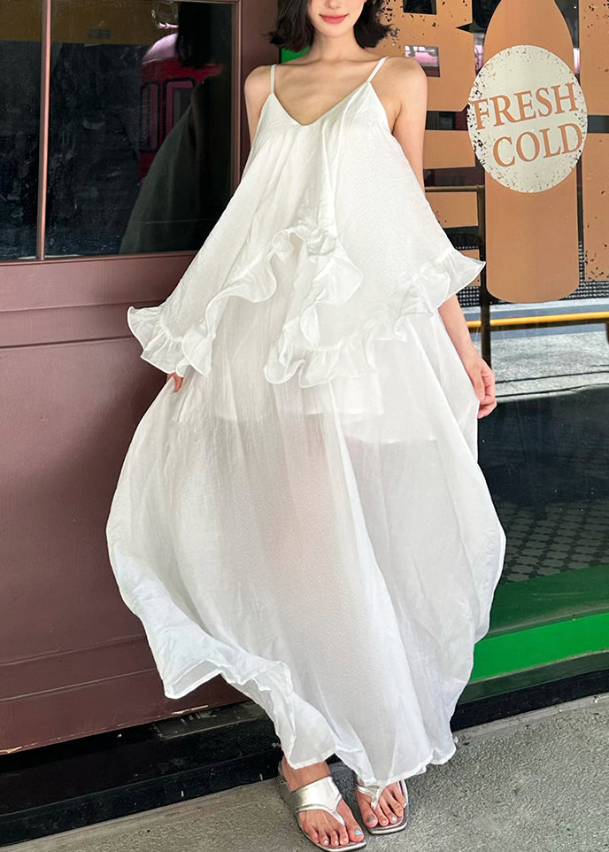 Spaghetti Cotton White Elegant Ruffled Strap Dress Patchwork