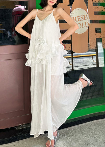 Spaghetti Cotton White Elegant Ruffled Strap Dress Patchwork