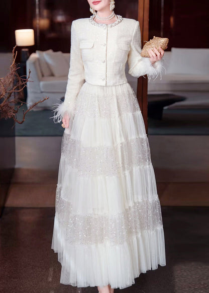 Two Elegant White Sequins Bead Tulle Maxi Coats And Skirt Nail