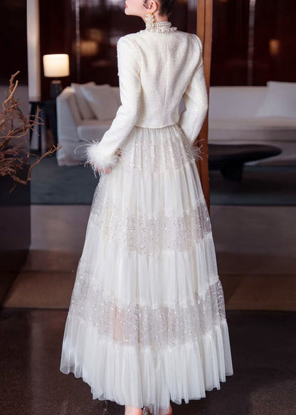 Two Elegant White Sequins Bead Tulle Maxi Coats And Skirt Nail
