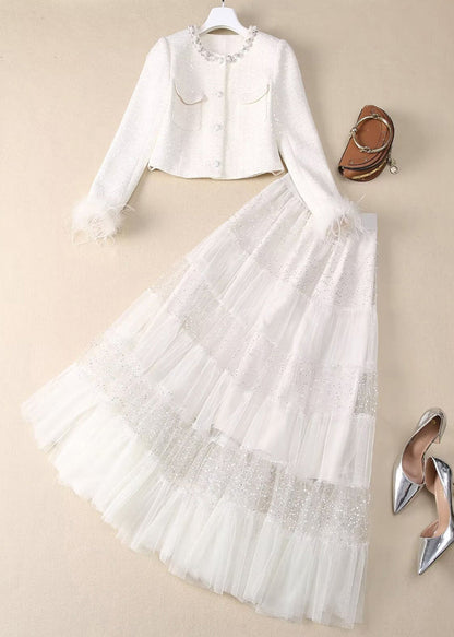 Two Elegant White Sequins Bead Tulle Maxi Coats And Skirt Nail