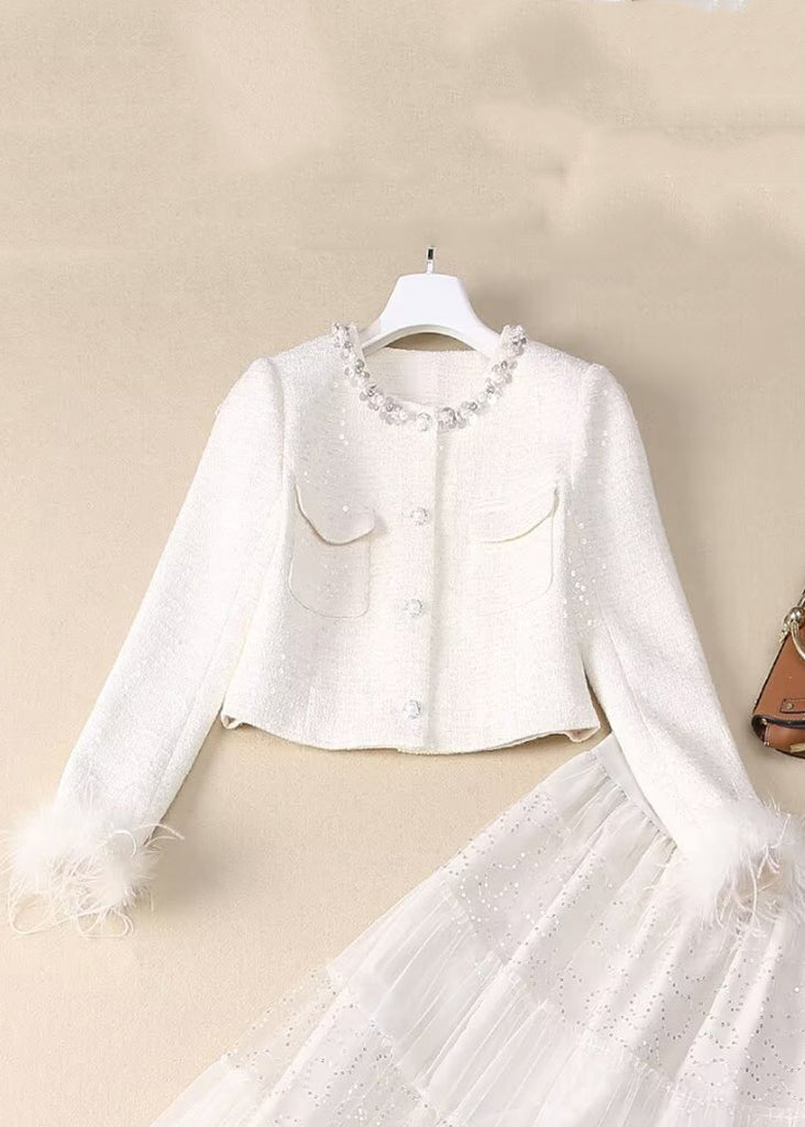 Two Elegant White Sequins Bead Tulle Maxi Coats And Skirt Nail