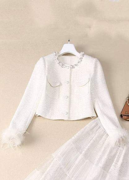 Two Elegant White Sequins Bead Tulle Maxi Coats And Skirt Nail