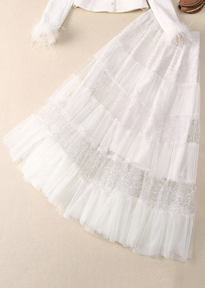 Two Elegant White Sequins Bead Tulle Maxi Coats And Skirt Nail