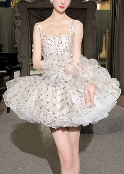 Dresses Chiffon Elegant Sleeveless White Dot Collar Mini Square